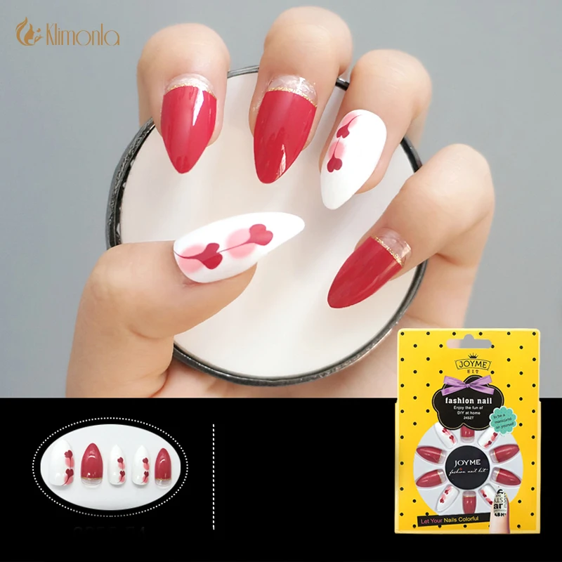 

24pcs/lot Red Heart False Nails Full Cover Fake Nails Pointed Artificial Decortion DIY False UV Gel Nail Art Tips