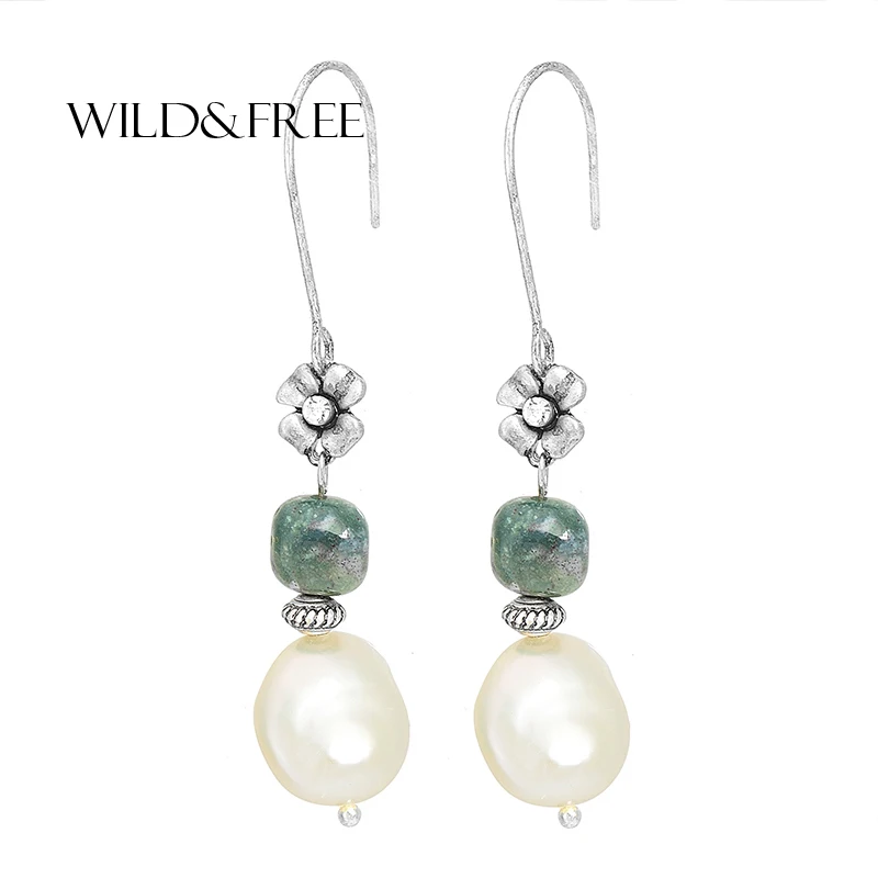

Wild&Free Vintage Jewelry Big Pearl Drop Earrings Women Delicate Green Natural Stone Pendant Flower Earrings Jewelry For Party
