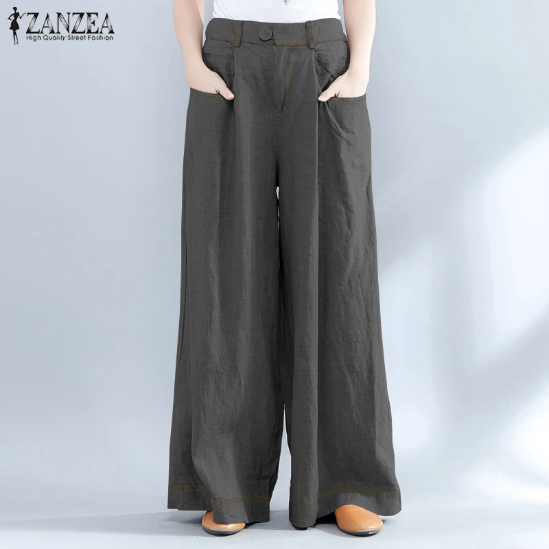 

ZANZEA Vintage High Waist Wide Leg Pants Women 2019 Casual Solid Pockets Loose Long Pantalon Fashion Work Office Baggy Trousers