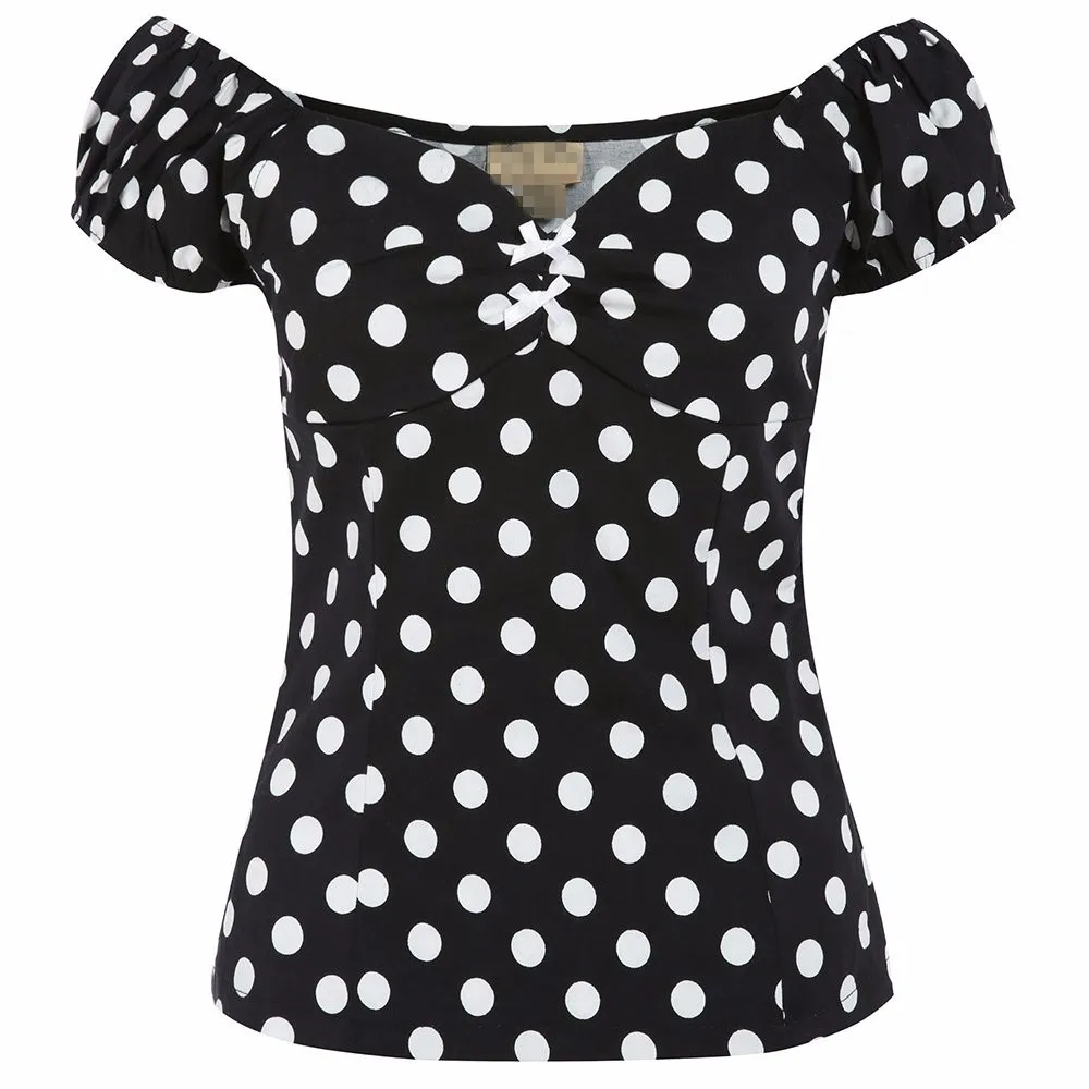 35-4 цвета летние женские винтажные 50s с бантом возлюбленный вырез с открытыми плечами рокабилли pinup Топ облегающие футболки футболка размера плюс - Цвет: black polka dot