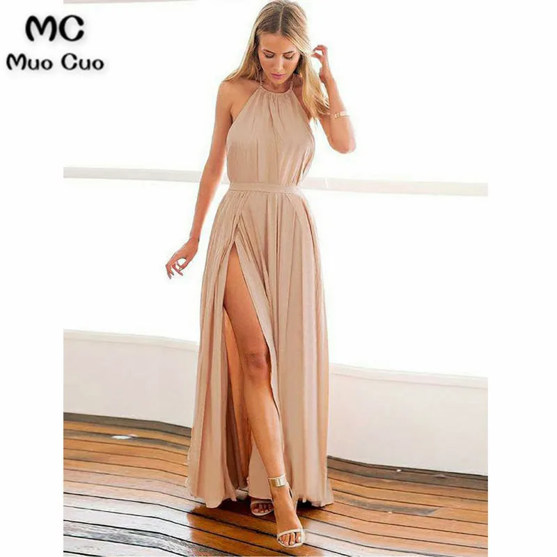 Elegant 2018 Halter Evening Dresses Long Pleat Floor Length Backless Front Slit Chiffon Formal Evening Party Dress for Women
