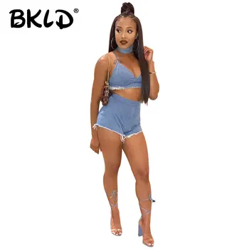 

BKLD New Summer Women Sets Spaghetti Strap V-neck Cropped Tops Shorts 2 Pieces Sets Women Tracksuit T Shirt Shorts Denim Sets