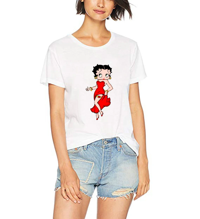 

Betty Boop Woman T Shirt Vogue Betty In Red Dress White T-shirts Girl 100% Cotton Summer Shirt Lady Aesthetic Harajuku Tees