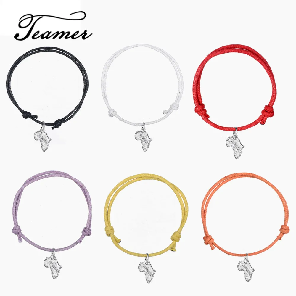 

Teamer 8colors Adjustable Waxed Cord Bracelet With AFRICA Message Map Charm For Man Colorful Pendant Wrist Wrap 5pcs/lot GIFT