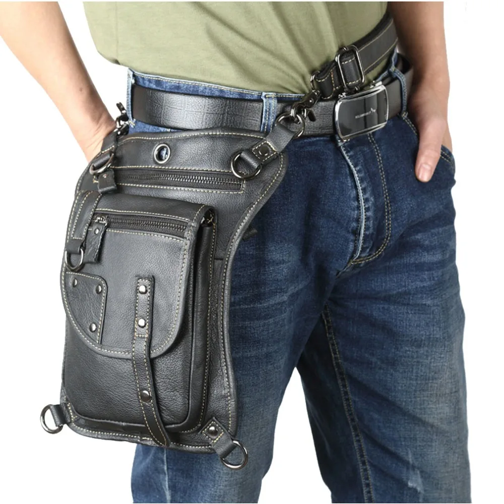 Men's Cowhide Oil Wax Genuine Leather Waist Thigh Drop Leg Bag ...