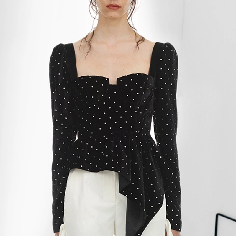 Backless Alta Crop Negro Otoño Vintage Collar Auto De Mujeres Primavera Nova Sexy Cuadrado Moda Diamantes Tops Retrato Las Calidad xSgqAnSZw