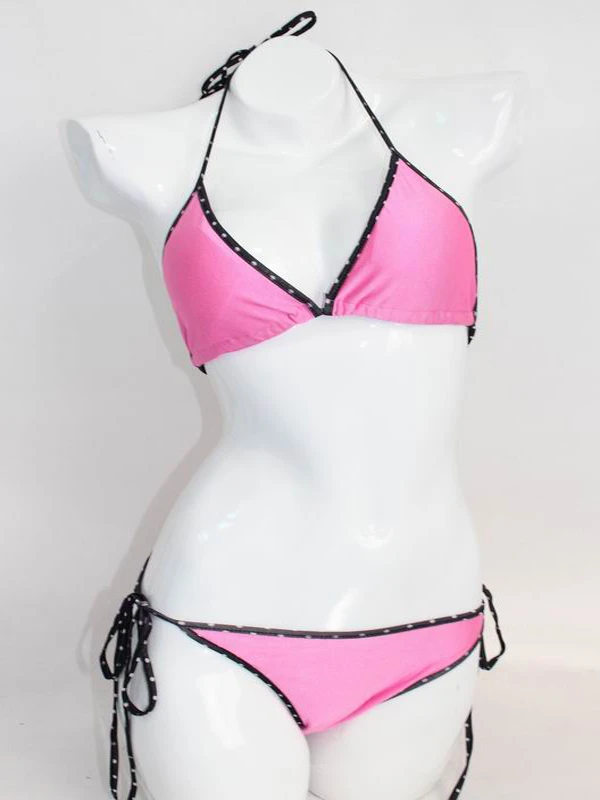 String Swimsuit Pink with Black Mini Dots Trim bikini swimsuit |
