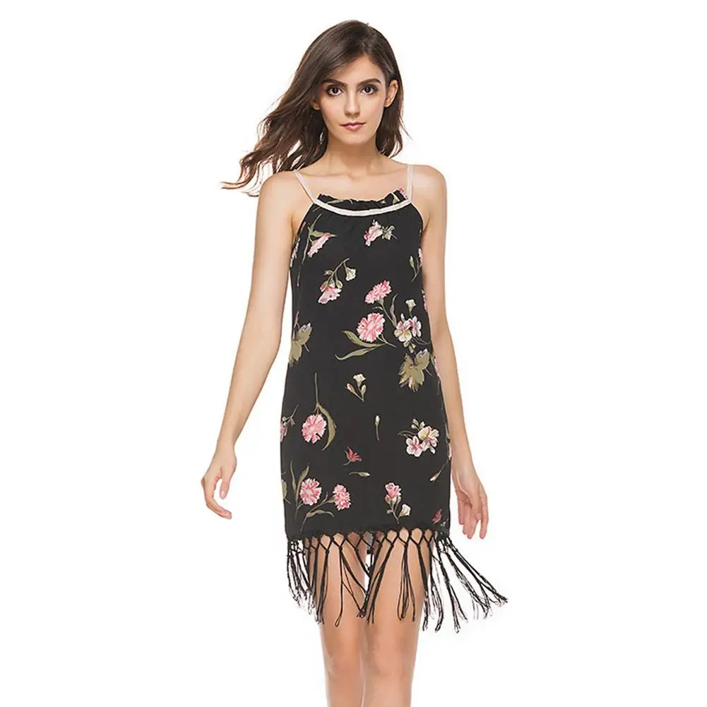 

2019 New Yfashion Women Elegant Long Tassels Round Collar Printing Straps Dress