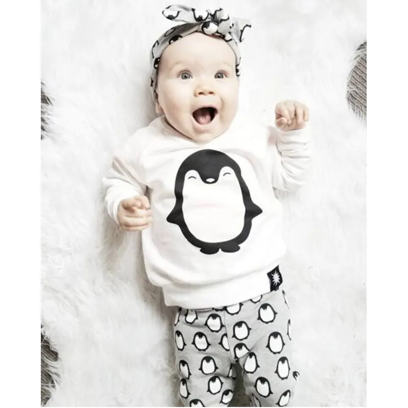 

Hot Baby Girls Clothes Sets Cartoon Penguin Pattern Newborn Boys Cloting Suits Long Sleeve Shirt+Pants 2pcs For Kids #040
