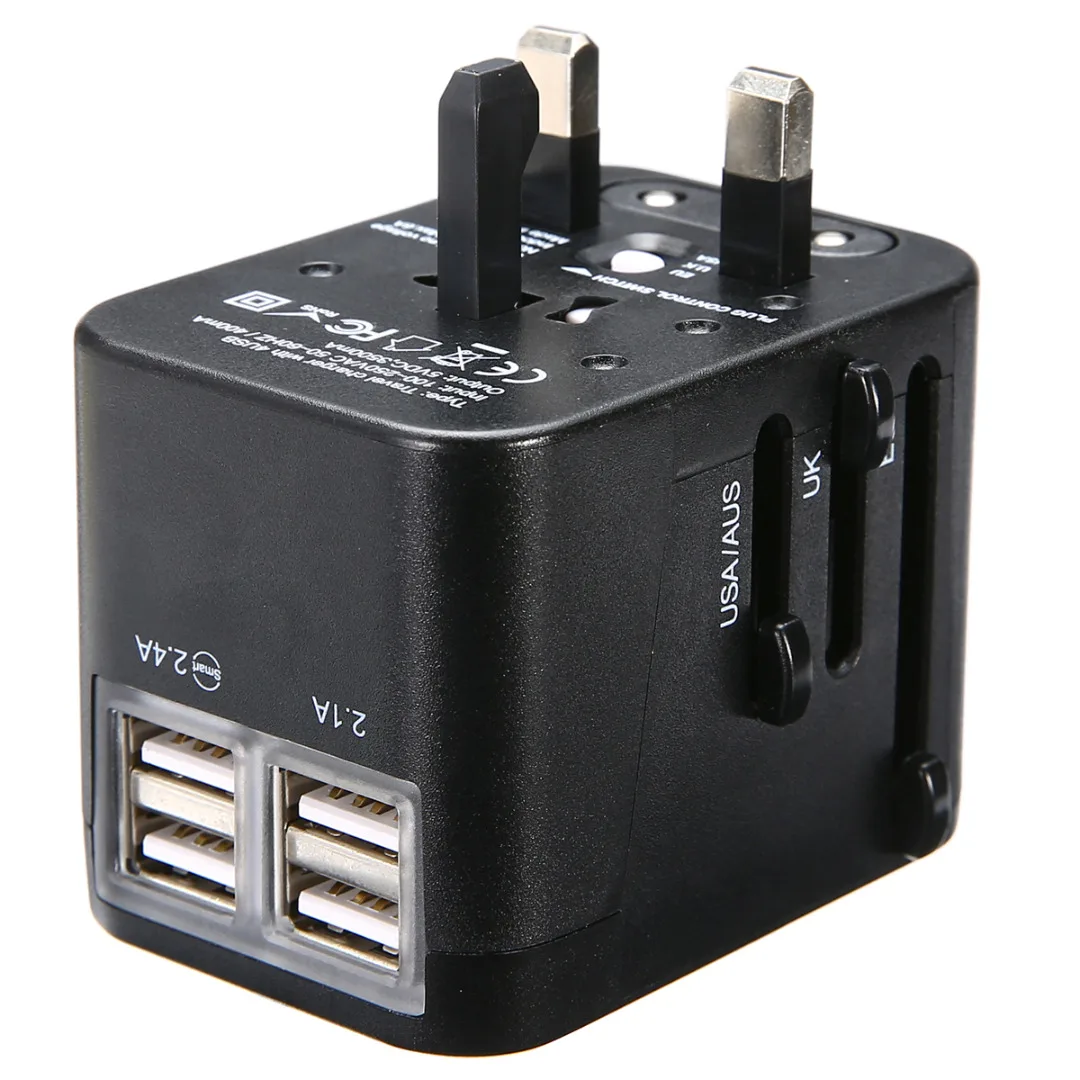 UK/US/EU/AU Plug Universal International Plug Adapters Black 4 USB Port