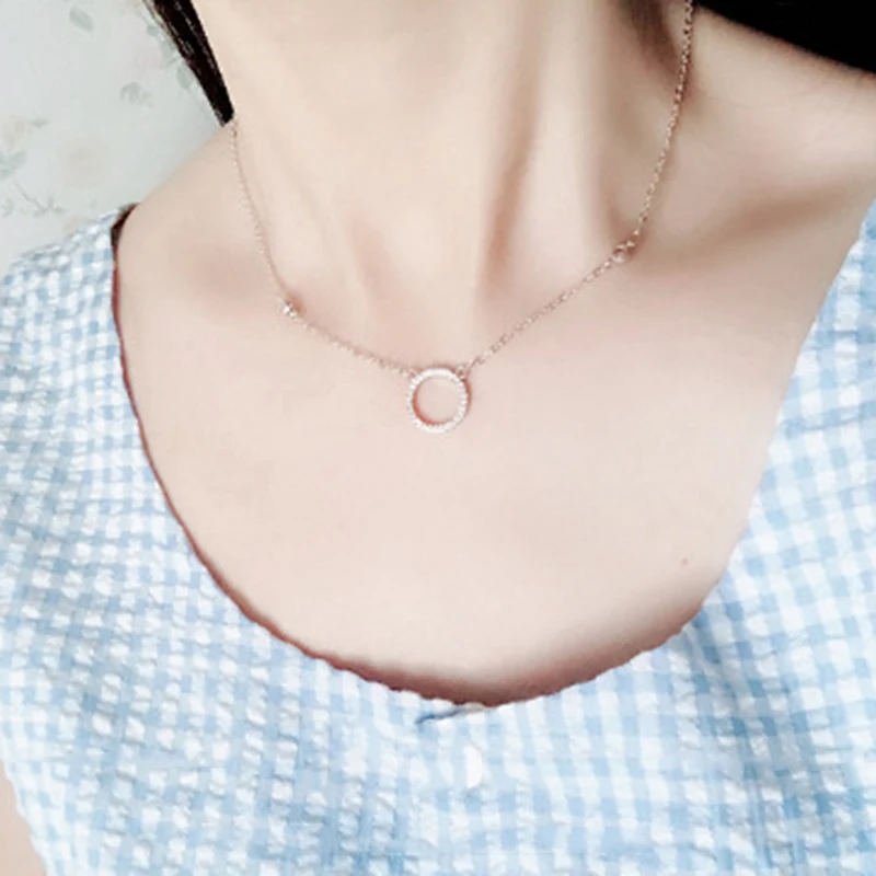 

New Fashion Simple Silver Chain Small Round Circle Pendant Necklace Women Crystal Necklaces Collier Femme Jewelry