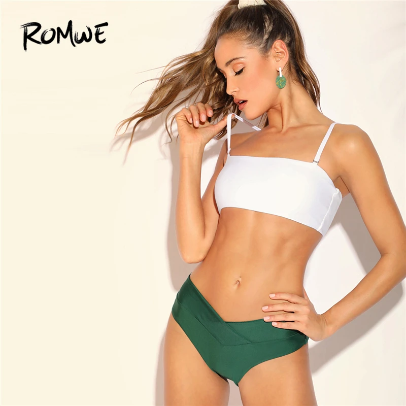 

Romwe Sport White Top Bikini And Green Bottoms Bandeau High Cut Bikini Set With Straps Women Summer Beach Wire Free Swimwear