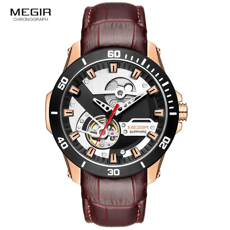 

MEGIR Motorcycle Design Transparent Genuine Red Black Belt Waterproof Skeleton Men Automatic Watches Top Brand Luxury Clock