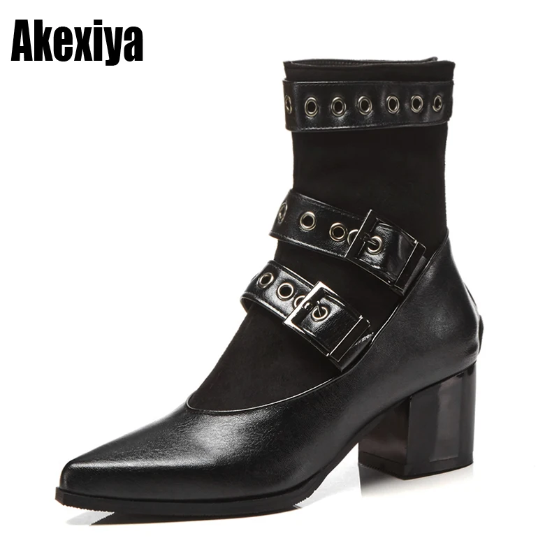 

2019 winter Fashion Women Boots High Heels Platform metal Buckle Leather Short Booties Black Ladies Shoes Comfortable k170