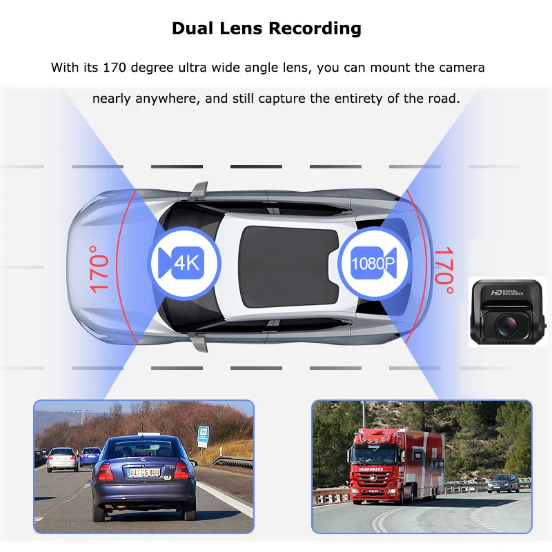  Car Dash Cam 2160P 4K Ultra HD with 1080P Rear Camera WiFi GPS Logger ADAS Dual Lens Dashcam Car DV