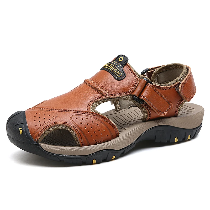 Летние кожаные сандалии; мужские пляжные сандалии высокого качества; удобная дышащая мягкая обувь на плоской подошве; коллекция года; большие размеры 38-47