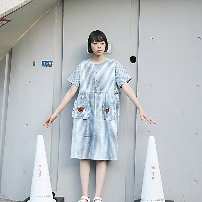 

Summer Dresses For Women Original Design Hedgehog Embroidery Pocket Ruffles Oversized Short Sleeve Crew Collar Blue Plaid Dress