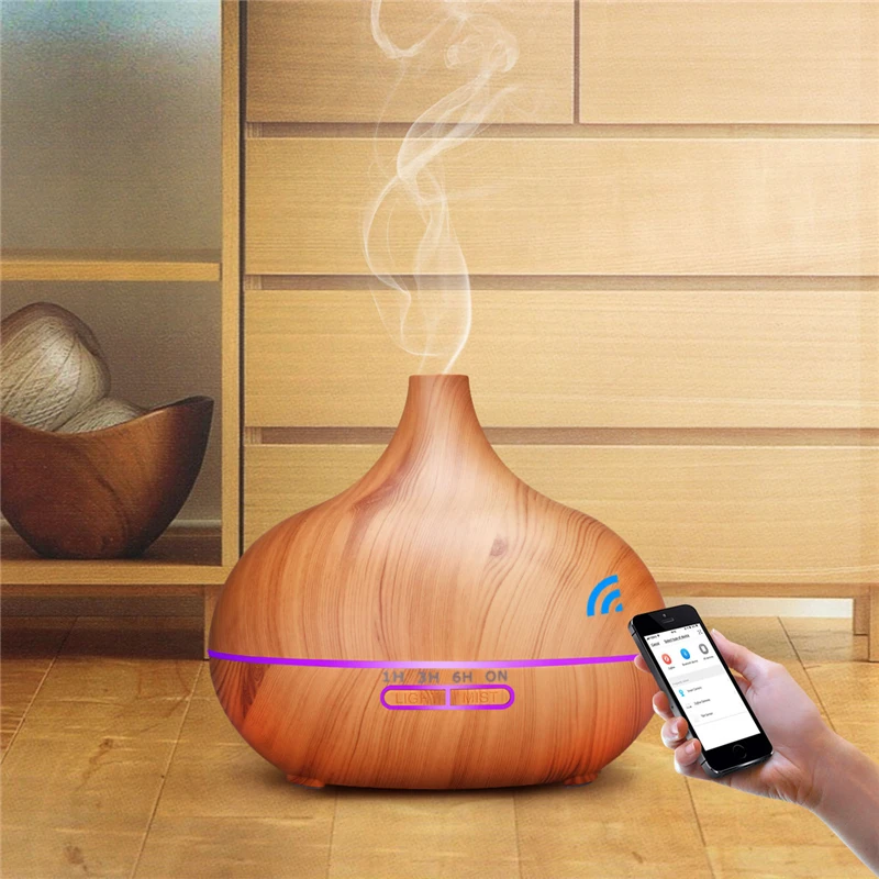 

550ML Wood Grain Aroma Diffuser Ultrasonic Air Humidifier WiFi APP Control Cool Mist Make 7 Color LED Diffuser Aromatherapy
