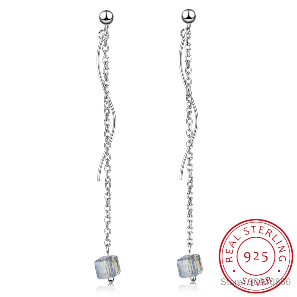 

Simple 925 Sterling Silver Shiny Zirconia Cube twist Line Long Tassel Chain Earrings For Women oorbellen S-E763