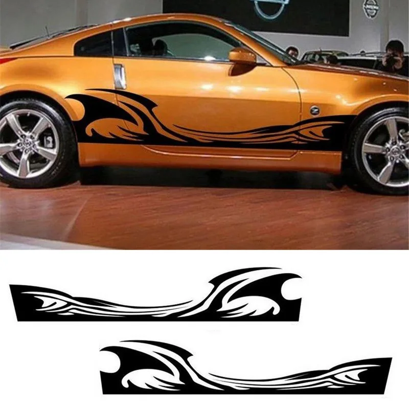 2Pcs Car Side Body Long Spray Flames Fire Wheel Stripe Decal Sticker Waterproof Black fashion car body Side stickers (4)