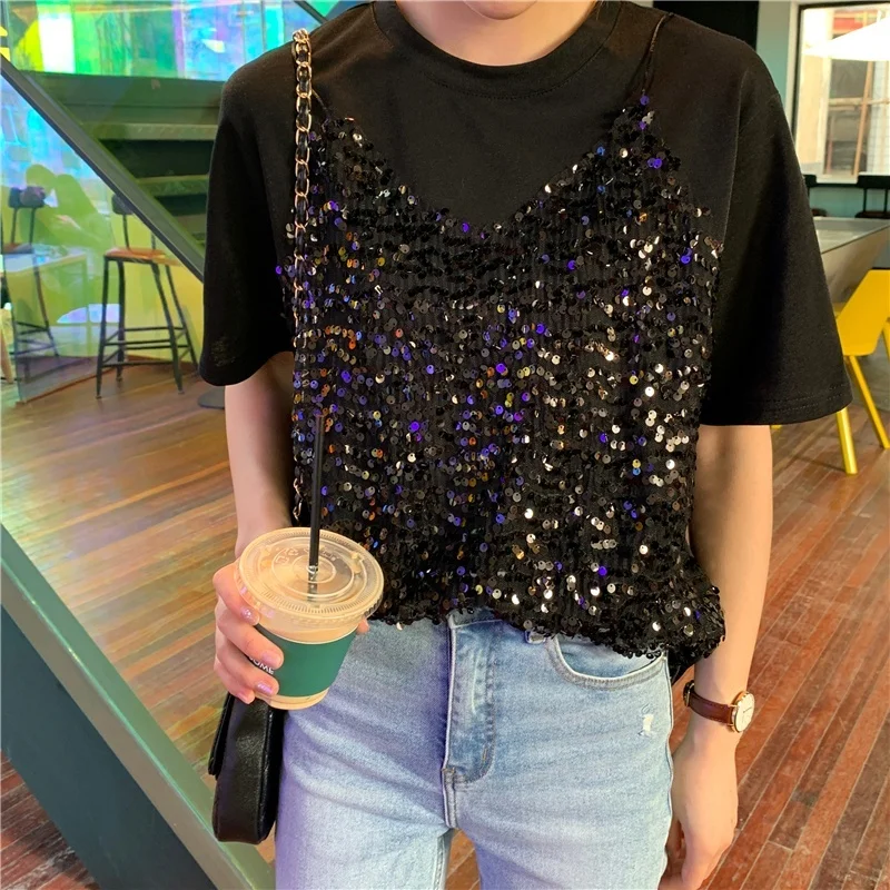 

T Shirt Women Summer Short Sleeve T-shirt Sequin Fake Two-piece T-shirt Top Casual Women's T-shirts
