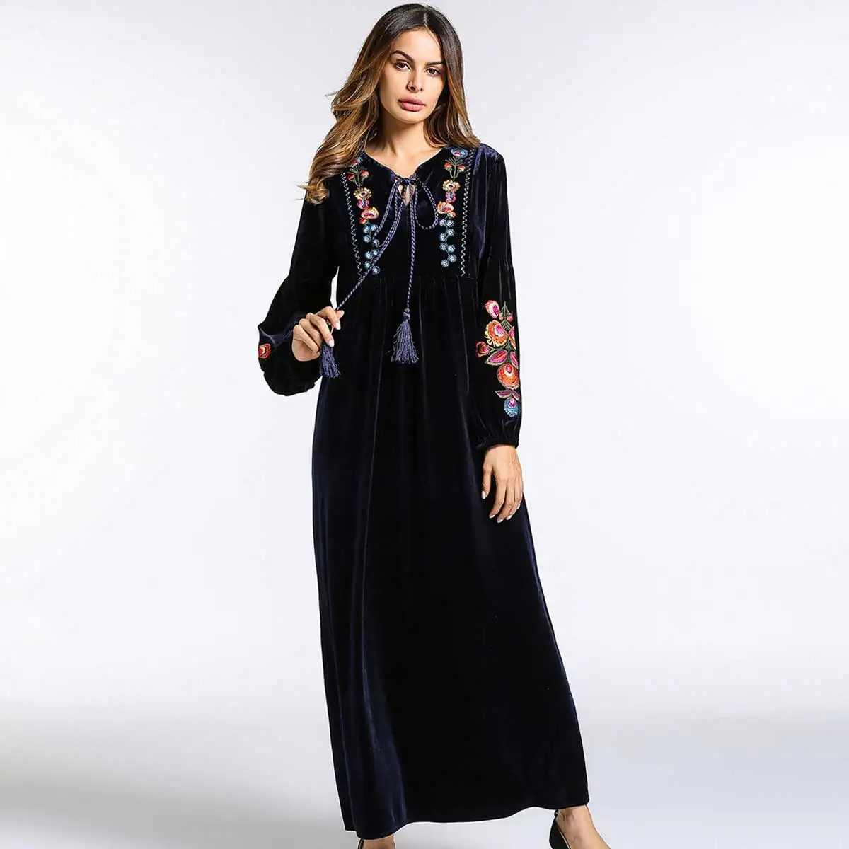

2019 Autumn Winter Women Velvet Maxi Dress oversized floral Embroidery warm tunic lace up collar muslim dress plus size VKDR1471