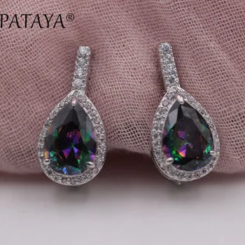 

PATAYA New RU Hot True White Gold Dangle Earrings Oval Natural Zircon Earrings Women AB Multicolor Wedding Fine India Jewelry