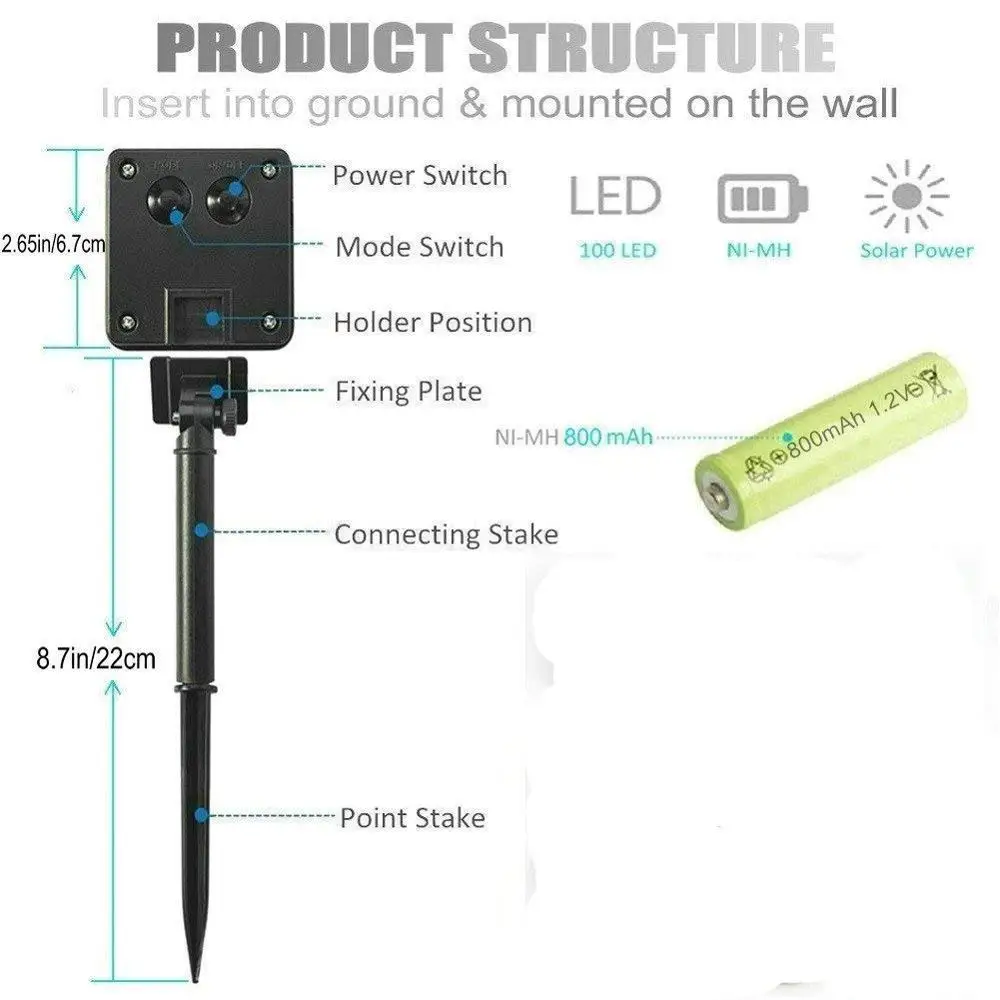 100/200led светодиодный светильник на солнечных батареях, сказочный светильник 10 м 20 м, уличный водонепроницаемый светильник на солнечных батареях s 8 режимов для садов и дома