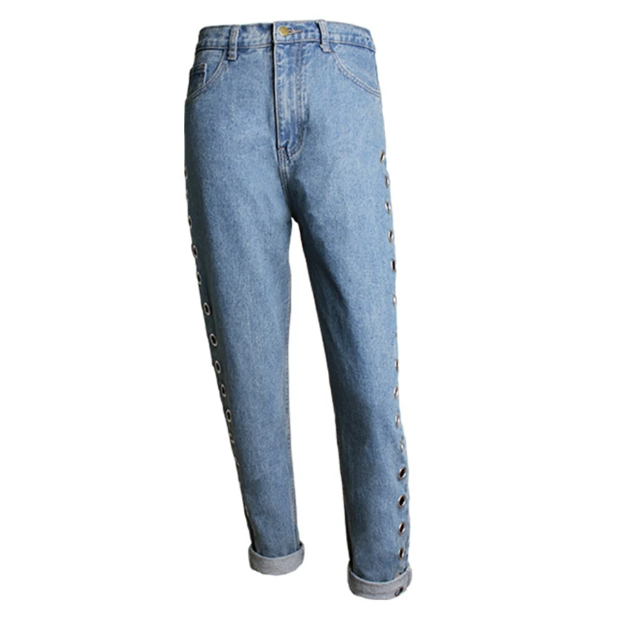 Spring Vintage Casual Loose Boyfriend Jeans For Women High Waist Jeans Rivet Eyelet Denim Mom Jeans Bottoms