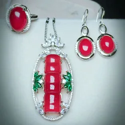 Yu Xin Yuan Fine 925 Mosaic Natural Red Bamboo SectionChalcedony Pendant Ring Earrings Jewelry Suit Yu Xin Yuan Fine 925 Mosaic Natural Red Bamboo SectionChalcedony Pendant Ring Earrings Jewelry Suit
