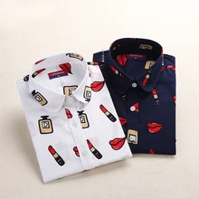 Dioufond Print new Women Long Sleeve Blouse Lipstick Floral Ladies Blouses Cotton Fashion Plus Size 5XL ladies Shirts