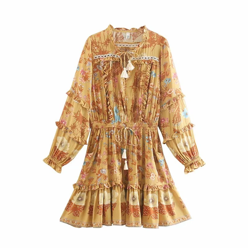 Винтажное шикарное женское платье с цветочным принтом, длинным рукавом, кисточками и оборками, Пляжное богемное мини-платье, женское свободное платье из вискозы в стиле бохо