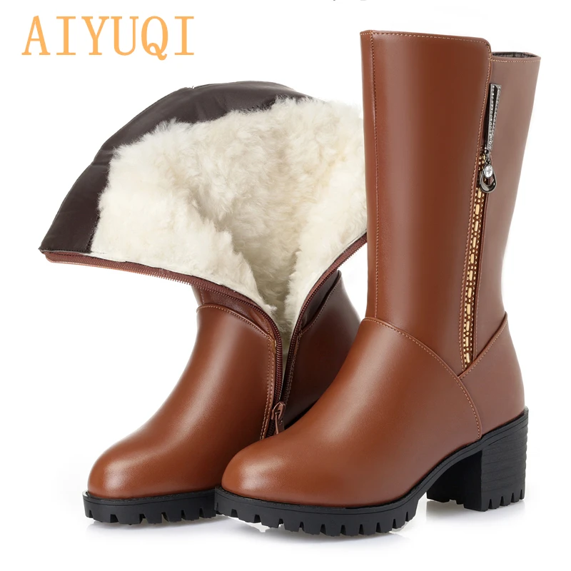 

AIYUQI Women winter boots 2019 genuine leather women motorcycle boots Australian thick wool warm women Mid boots big size