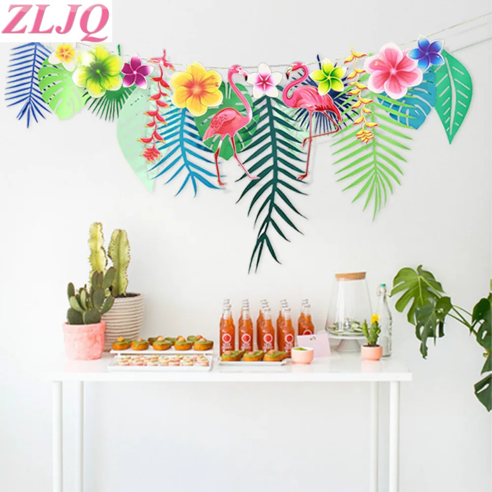 ZLJQ 3M Tropical Flamingo Leaves Banner Flower Garland Paper Flag