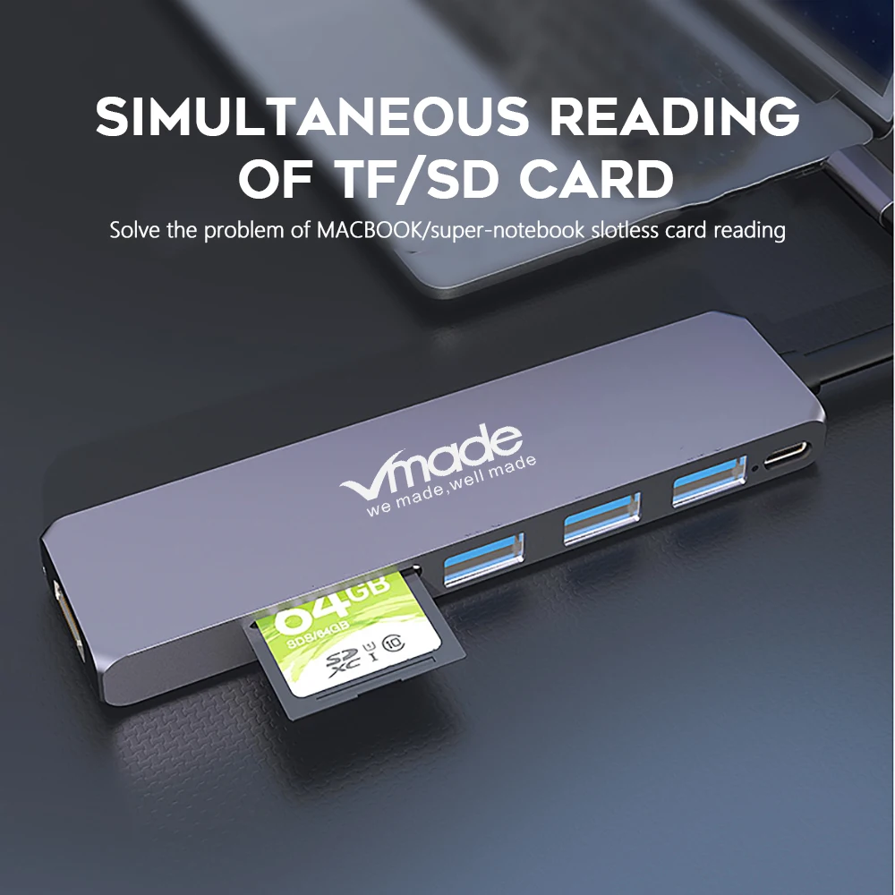 Vmade 7 в 1 type-C концентратор USB 3,0 Dual-type C для Macbook Pro USB-C адаптер с HDMI 4 K видео PD чтение SD/TF 3,0 карта USB порт