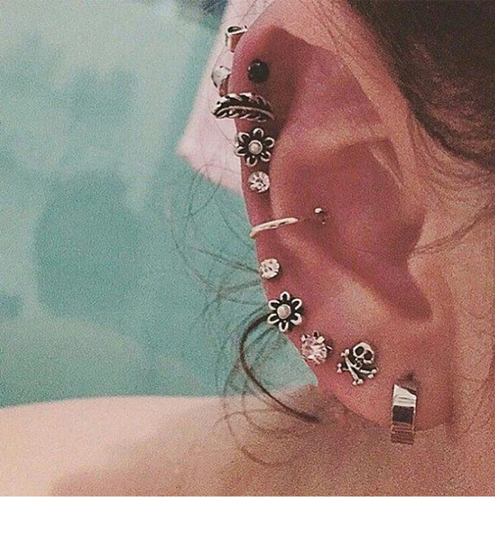 

Vintage Ethnic Retro feather Flower skull Circle Alloy Stud Earrings Set Boho Women Hand Carved Ear Jewelry Earing Set Brincos