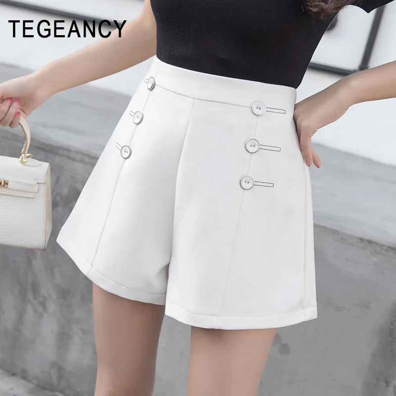 TEGEANCY 2017 Female High Waist Shorts Baggy Wide Leg Short Pant Women Double Breasted Loose