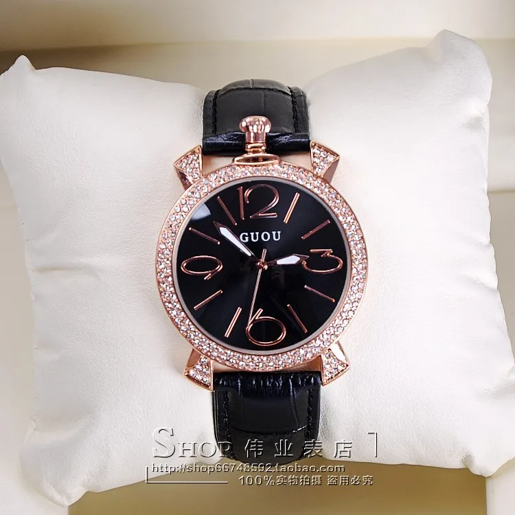 Фиолетовый цвета розового золота Женская Роскошная брендовая Полный Стразы Часы женские Натуральная кожа ремешок Кварцевые часы для женщин известный наручные часы - Цвет: Черный