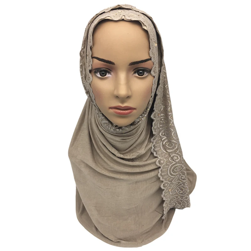 Оптовая продажа Исламский хлопок хиджаб с кружевом женский шарф-шаль тюрбан для женщин кружево платок мусульманский шарф шаль 10 цветов 10