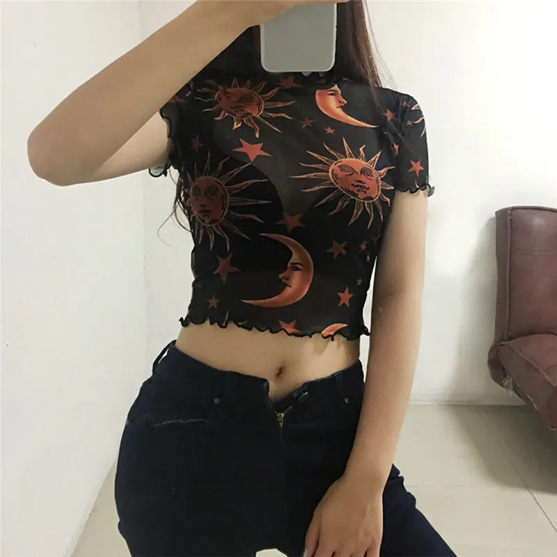 

Cute Moon Sun Star Printed Crop Top Fashion Women Sexy Mesh See-through Wrapped Perspective T Shirt Female Summer Mesh Tops #40