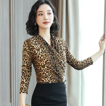 

Multicolor Office Lady Tees Elegant V Neck Leopard Print Highstreet Shirt Modern Lady Autumn Women Tops And Tees Maxi 5XL