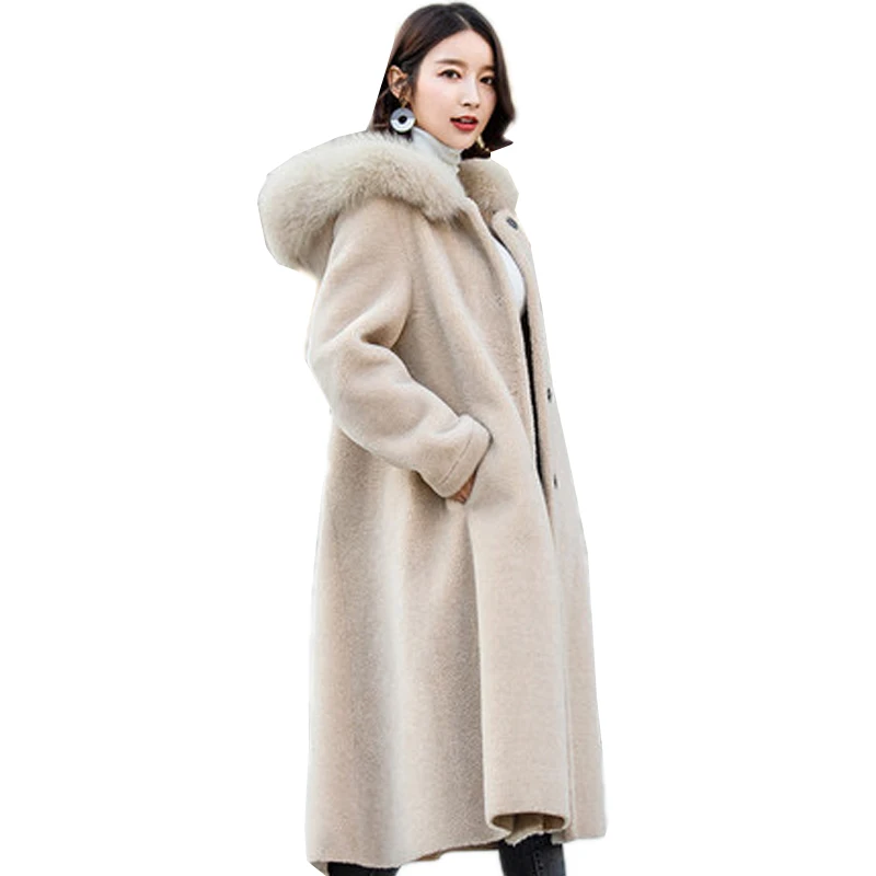 

Sheep Shearing Overcoat 2019 Real Fur Coat Women Winter Long Hood Parka Real Fox Fur Collar Jacket manteau femme hiver LX2573