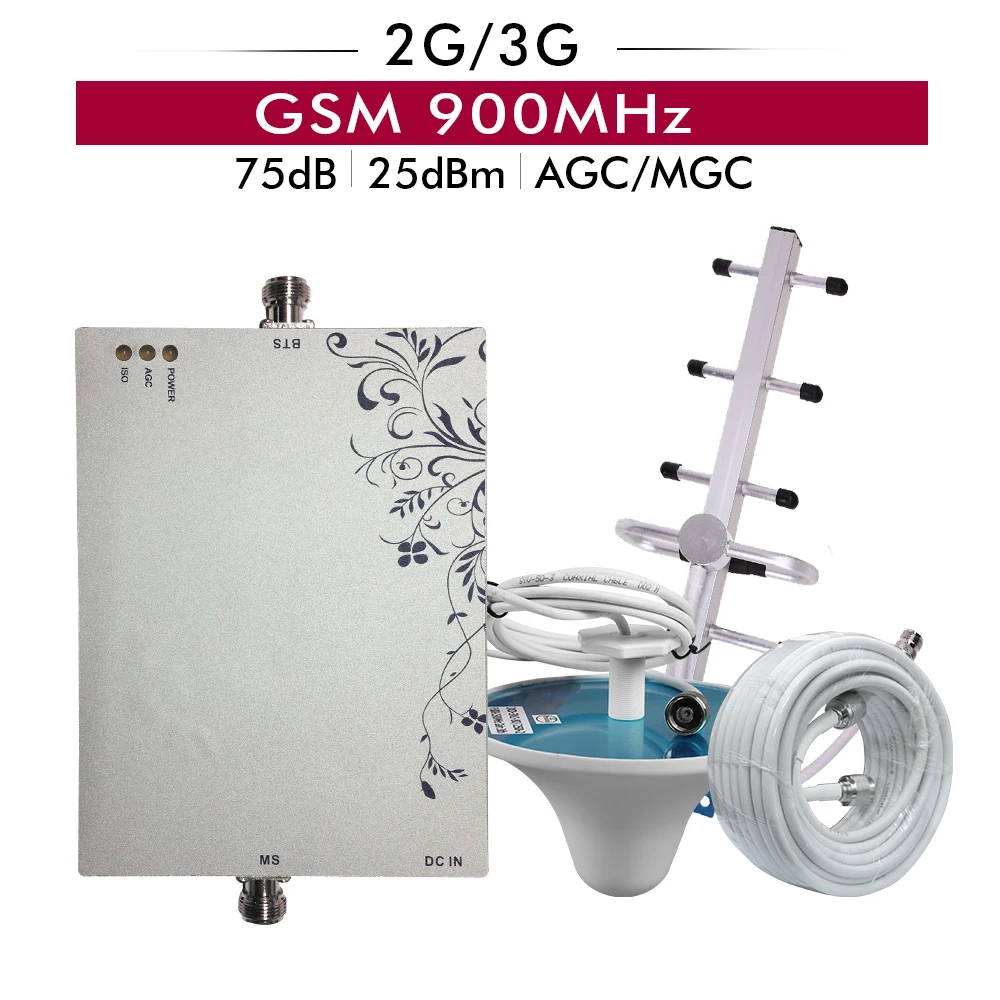 

75dB Gain Powerful AGC MGC Mobile Signal Booster 2G GSM 900mhz Cell Phone Signal Repeater 900 GSM Cellular Amplifier Antenna Set