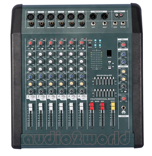 

NEW MX606D-USB Professional Audio Mixer Machine 6 Channels Mezcladora De DJ Double 7 Band Graphic EQ Power Mixer 350Wx2