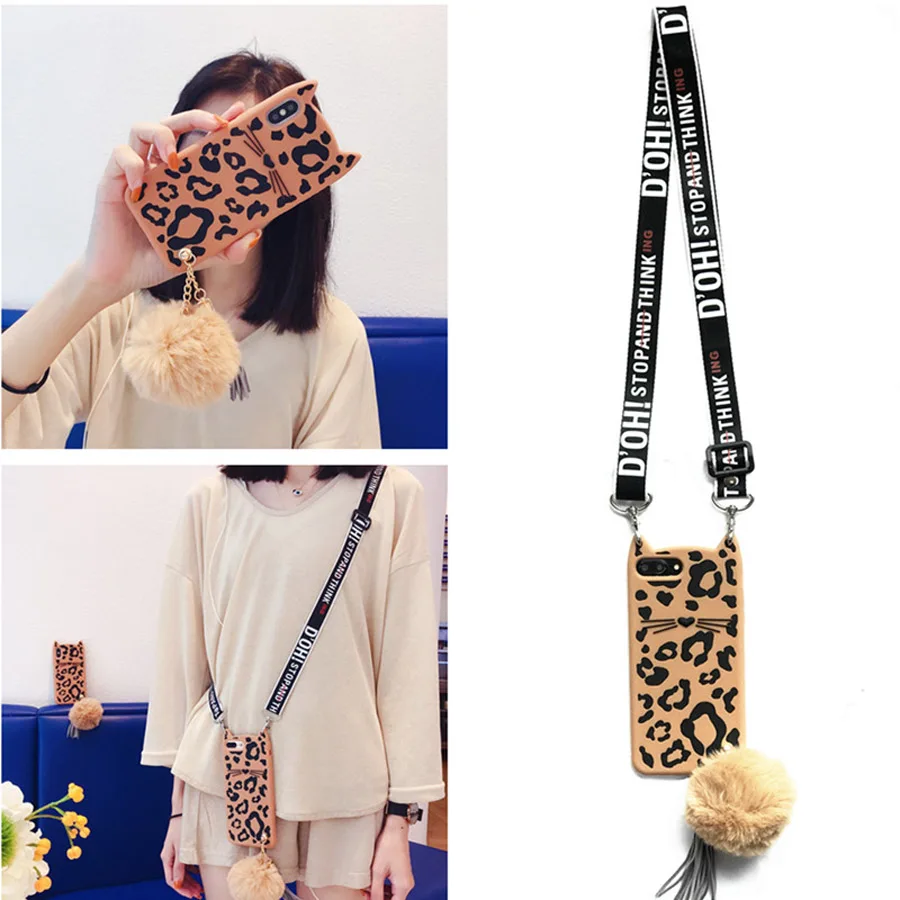 

3d leopard cat shoulder strap silicone case for iphone 7 8 6 6s plus 5 se 5s XR X XS MAX case cover cute cartoon soft phone bag