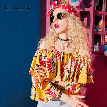

ELFSACK Floral Print Women Blouses Summer Fashion Off Shoulder Female Chiffon Shirts Streetwear Sexy Slash neck Femme Tops