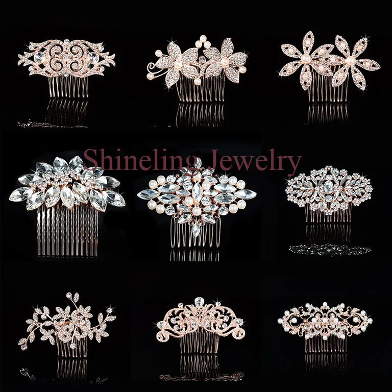 Elegant Art Deco Rose Gold Pearls Rhinestones Flower Wedding Hair Comb Crystal Bridal Hair Piece Hair