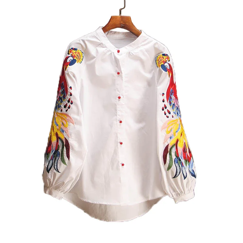 Spring and Summer Cotton Causal Shirts Embroidered Long-sleeved Shirts Woman Full Button Print O-Neck lantern Sleeve Tops