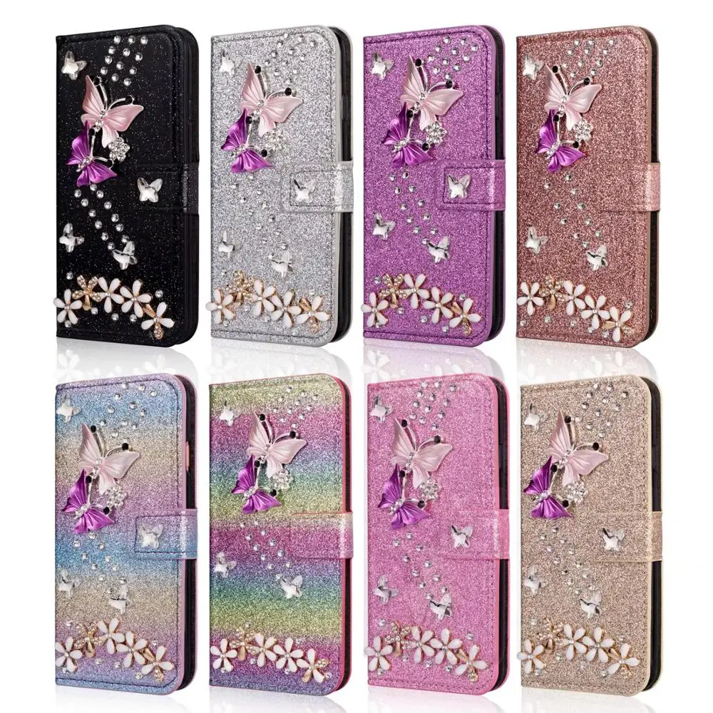 

Flip Leather Stand Wallet Card Phone Case Girl For iPhone X XS Max 8 7 6S Bling Diamond Glitter Butterfly women