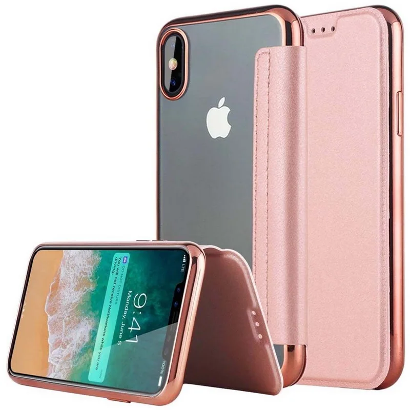 Роскошный Гальванизированный флип-чехол для iPhone XS Max X XR тонкий из искусственной кожи держатель для карт Прозрачный чехол для iPhone 7 8 6 6S Plus 11 Pro - Цвет: Rose